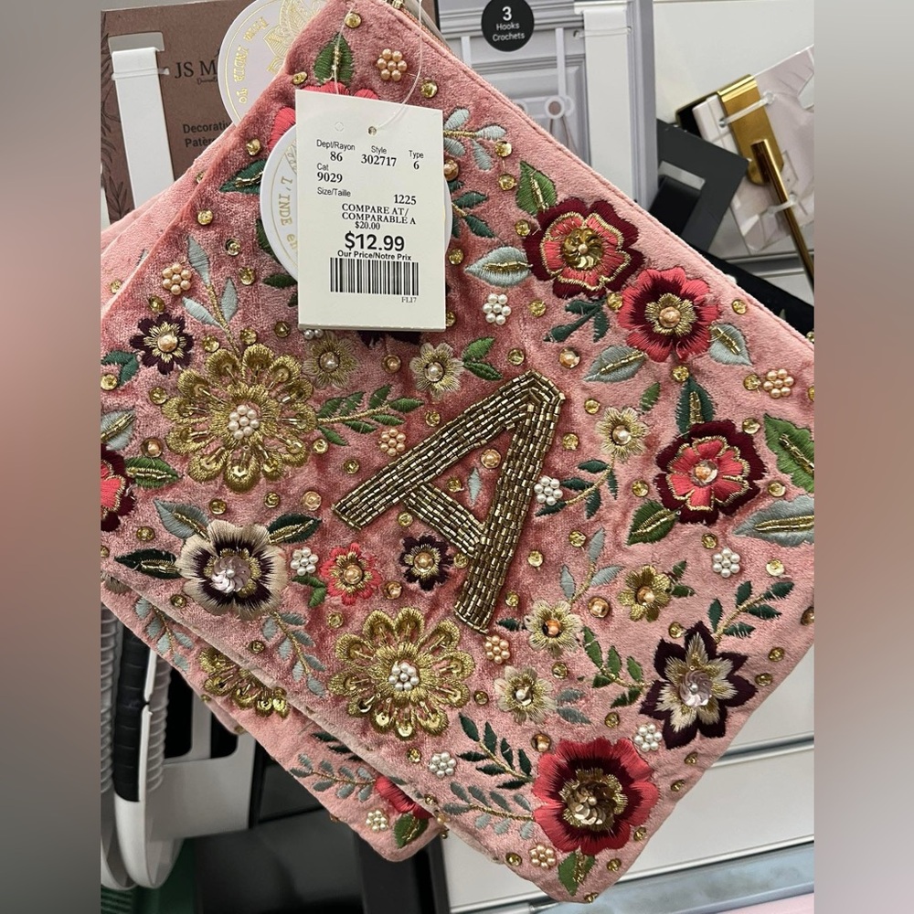 ISO Floral Embroidered Pink Clutch with Beaded Initial